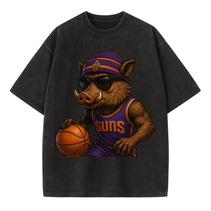 Phoenix Javelina wearing Suns beanie with cactus patch and wayfarer sunglasses - Vintage T-shirt - Black