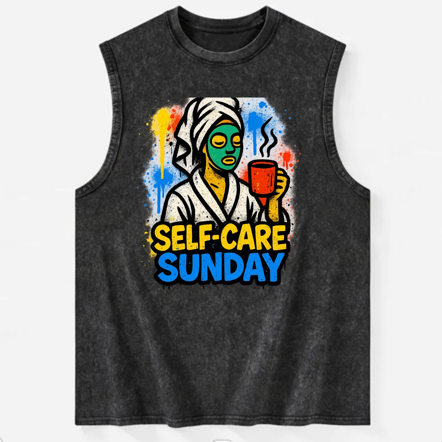 Person in bathrobe with face mask and tea - self-care Sunday ritual, wellness - Vintage Washed Tank - Black