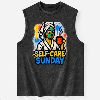 Person in bathrobe with face mask and tea - self-care Sunday ritual, wellness - Vintage Washed Tank - Black