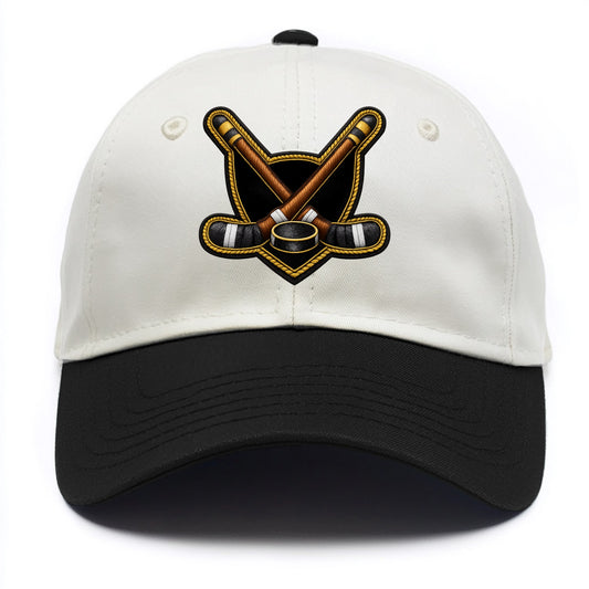 Embroidered patch design - HOCKEY CROSSED STICKS - ice hockey sticks with puck in - Two Tone Cap - Black