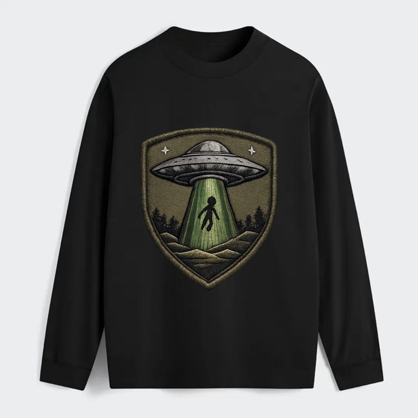 UFO ALIEN - flying saucer with beam in silver and green , - Classic Long Sleeve Shirt - Black