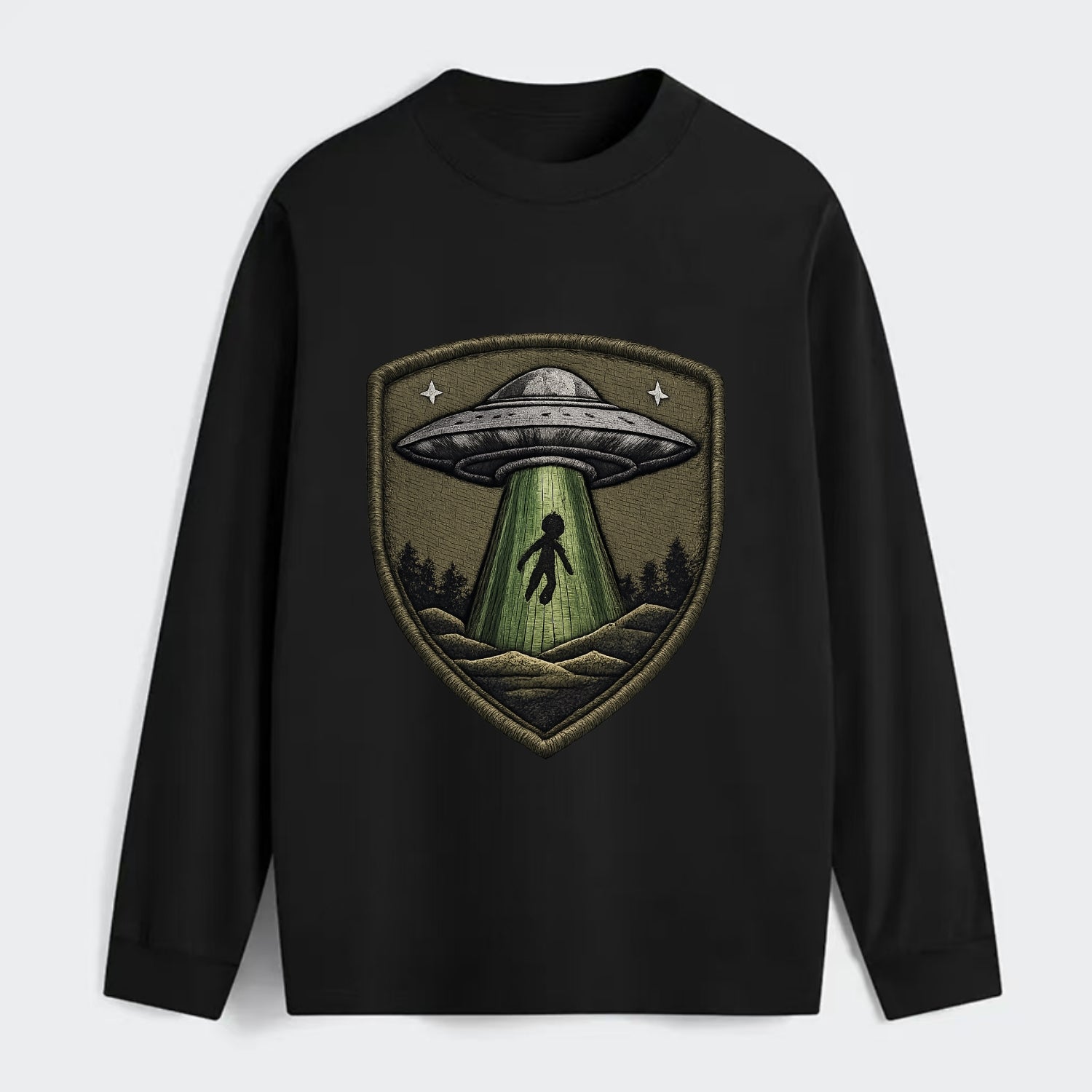 UFO ALIEN - flying saucer with beam in silver and green , - Classic Long Sleeve Shirt - Black