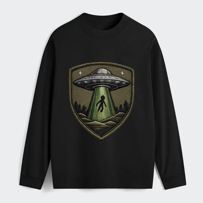 UFO ALIEN - flying saucer with beam in silver and green , - Classic Long Sleeve Shirt - Black