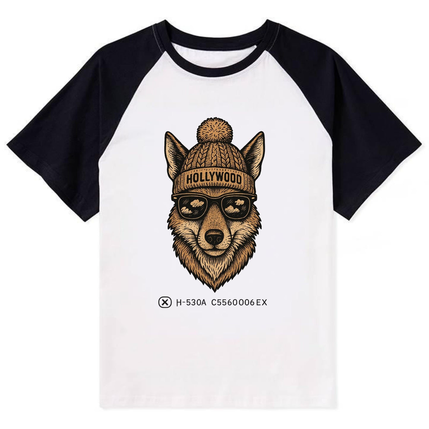 LA Coyote wearing Hollywood beanie with pom pom and wayfarer sunglasses - Contrast Raglan T-shirt - Black