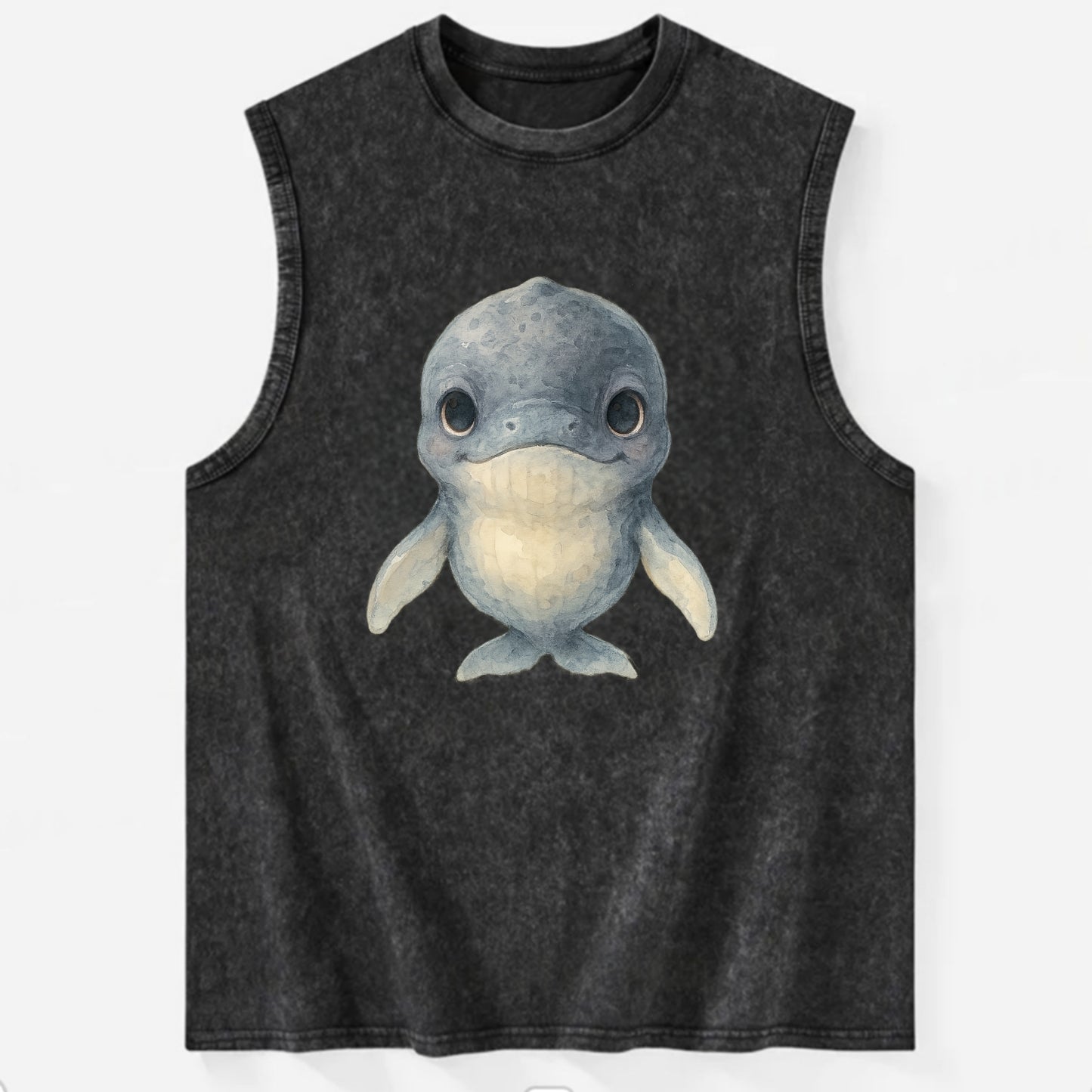 Baby Humpback Whale - dark gray with white flippers, large gentle eyes, - Vintage Washed Tank - Black