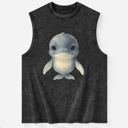 Baby Humpback Whale - dark gray with white flippers, large gentle eyes, - Vintage Washed Tank - Black