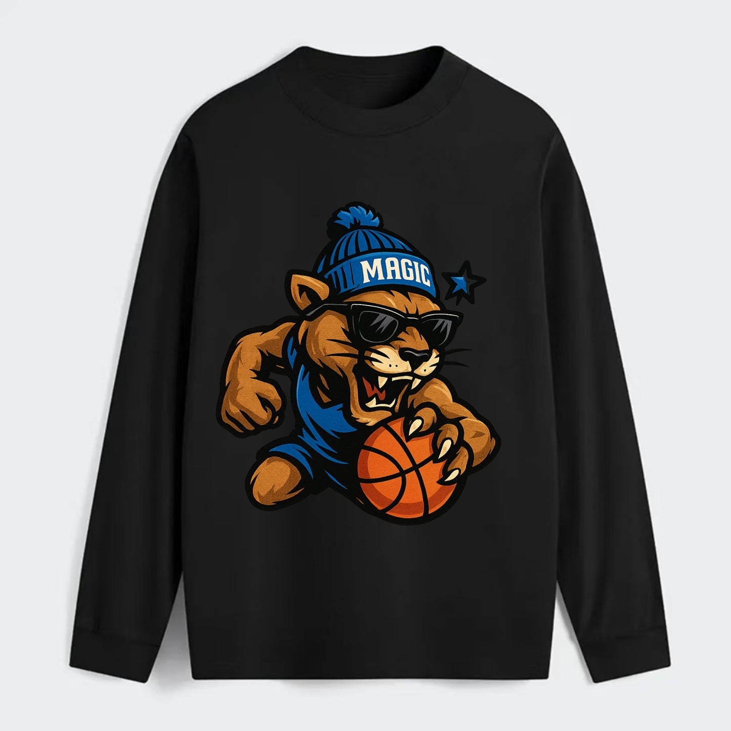 Florida Panther wearing Magic beanie with star wand patch and wayfarer - Classic Long Sleeve Shirt - Black
