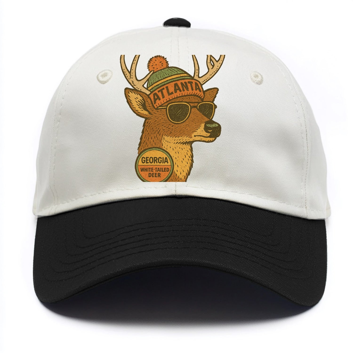 Georgia White-tailed Deer wearing Atlanta beanie with pom pom and wayfarer sunglasses - Two Tone Cap - Black