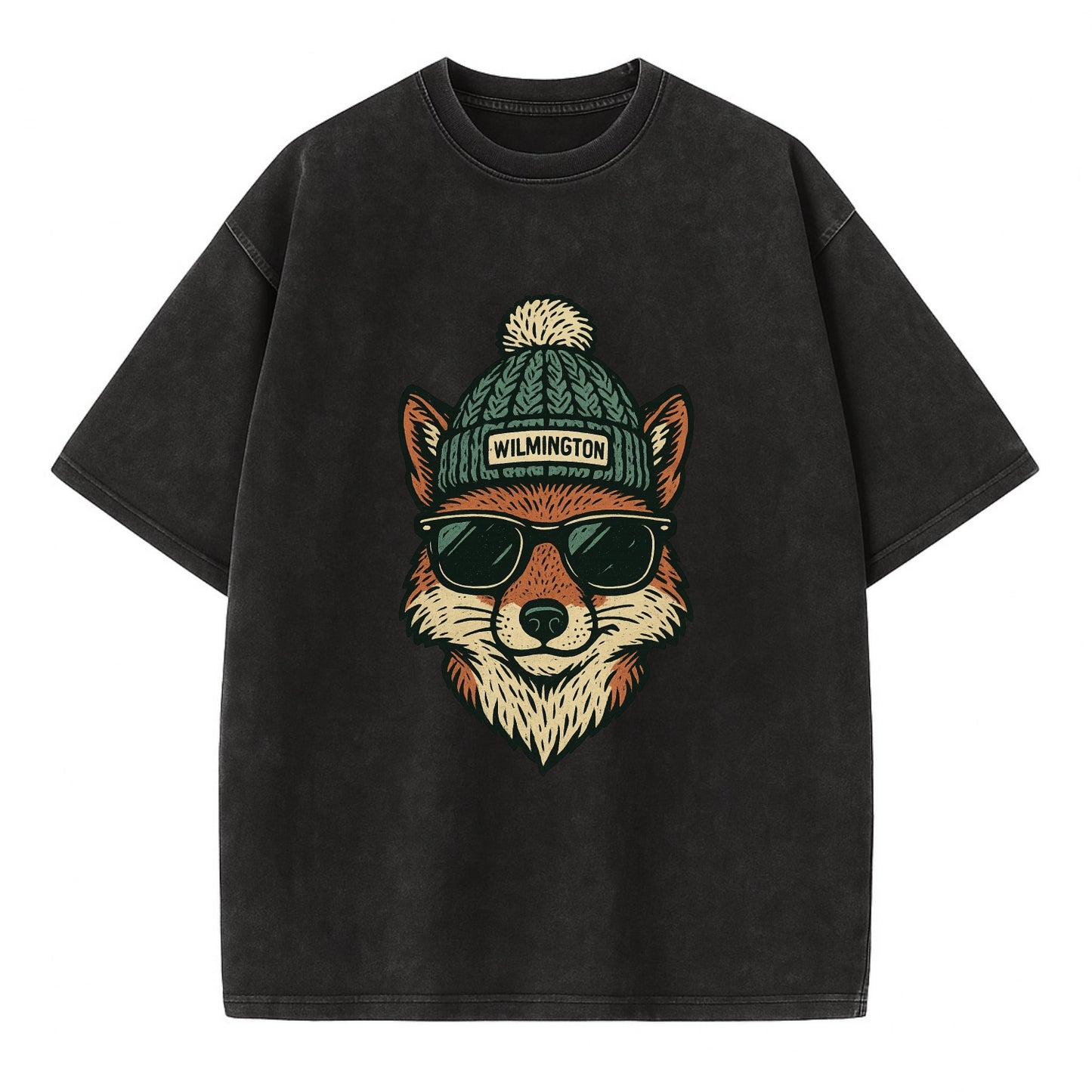 Delaware Gray Fox wearing Wilmington beanie with pom pom and wayfarer sunglasses - Vintage T-shirt - Black