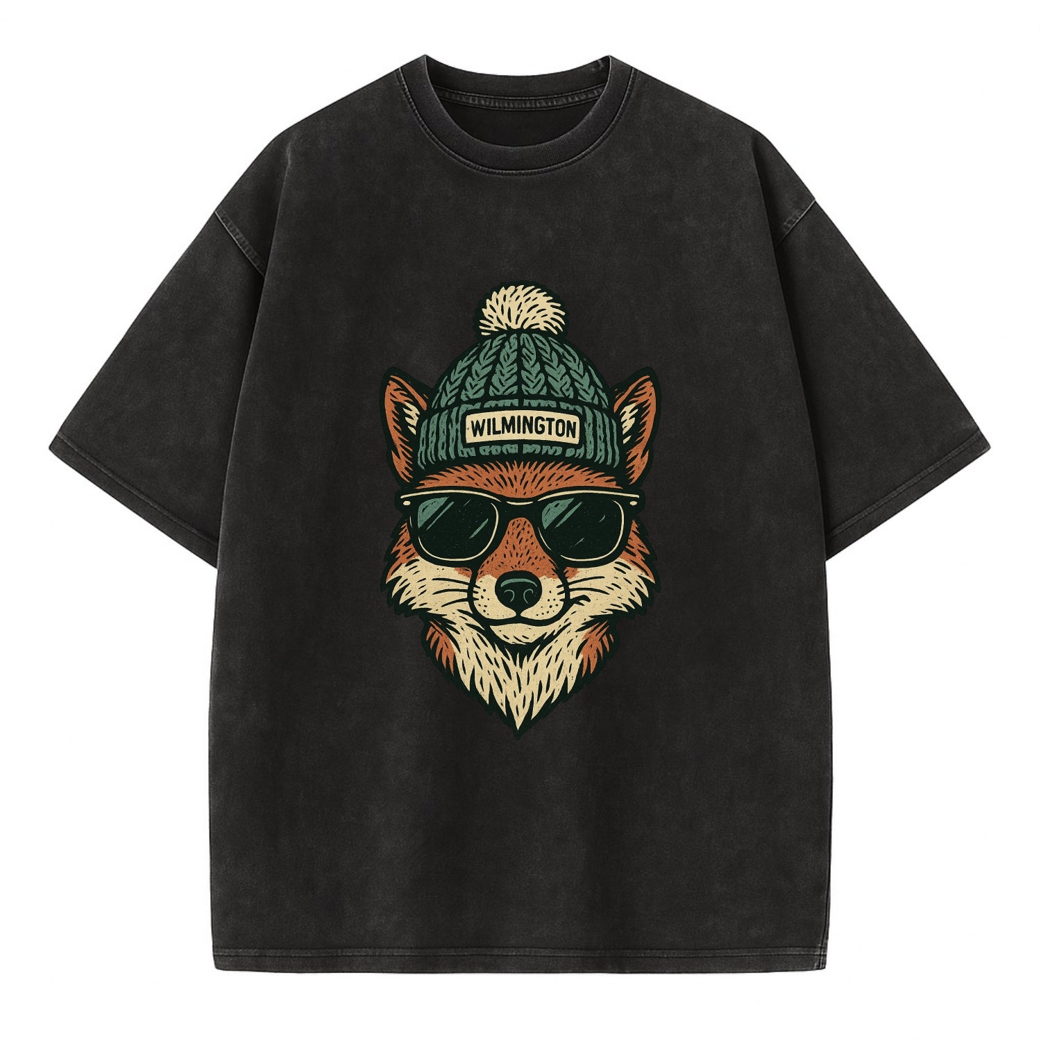 Delaware Gray Fox wearing Wilmington beanie with pom pom and wayfarer sunglasses - Vintage T-shirt - Black