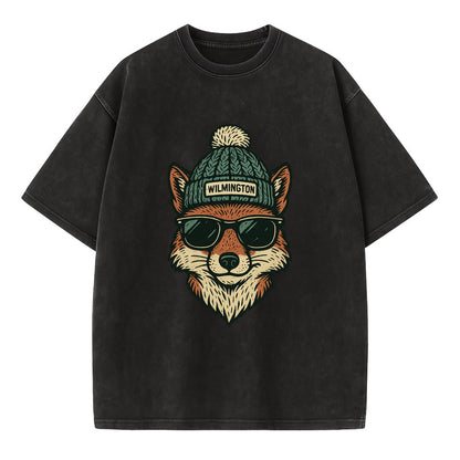 Delaware Gray Fox wearing Wilmington beanie with pom pom and wayfarer sunglasses - Vintage T-shirt - Black