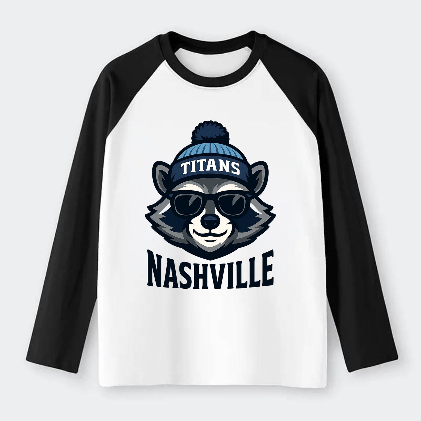Nashville Raccoon wearing Titans navy and light blue beanie with pom - Raglan Long Sleeve T-Shirt - Black