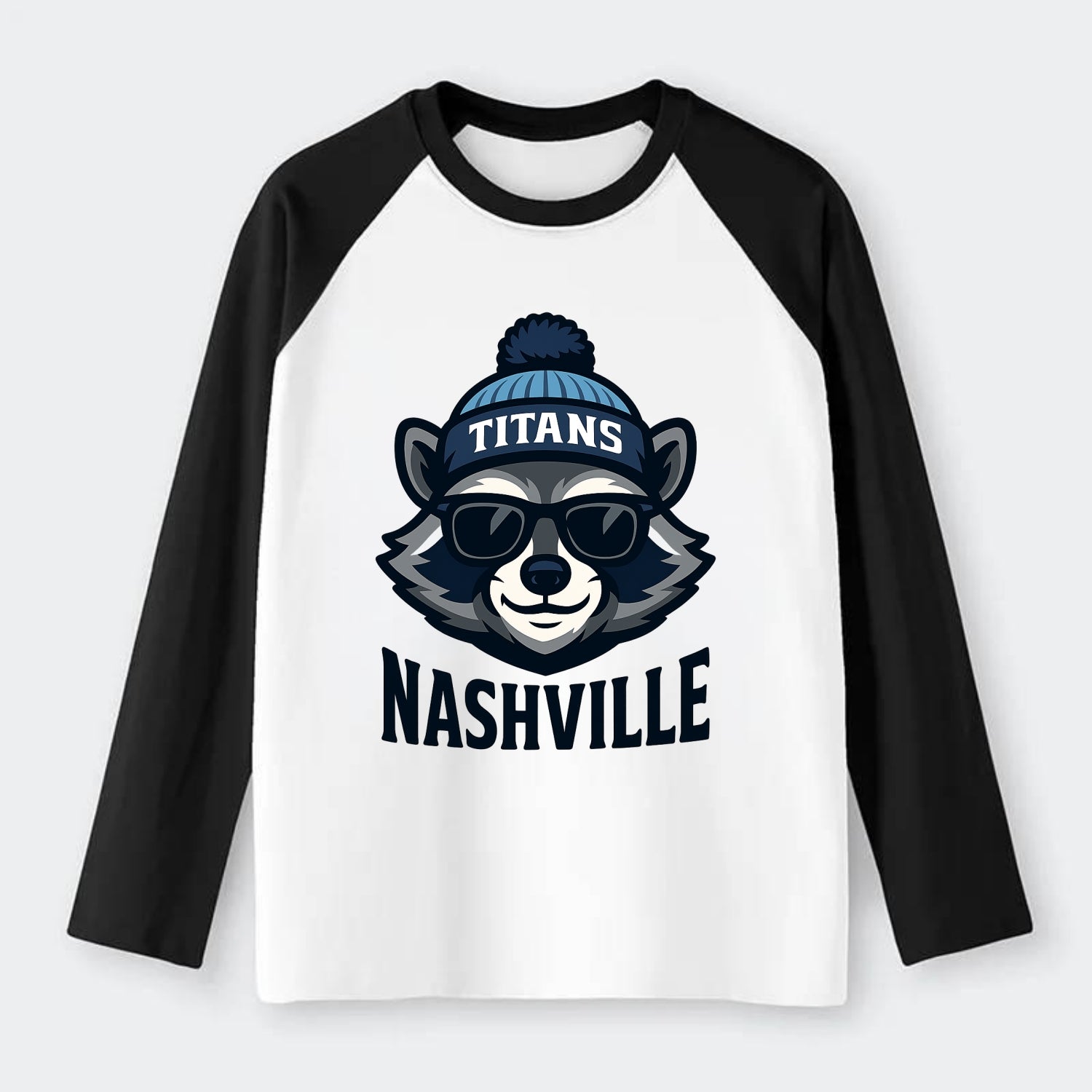 Nashville Raccoon wearing Titans navy and light blue beanie with pom - Raglan Long Sleeve T-Shirt - Black
