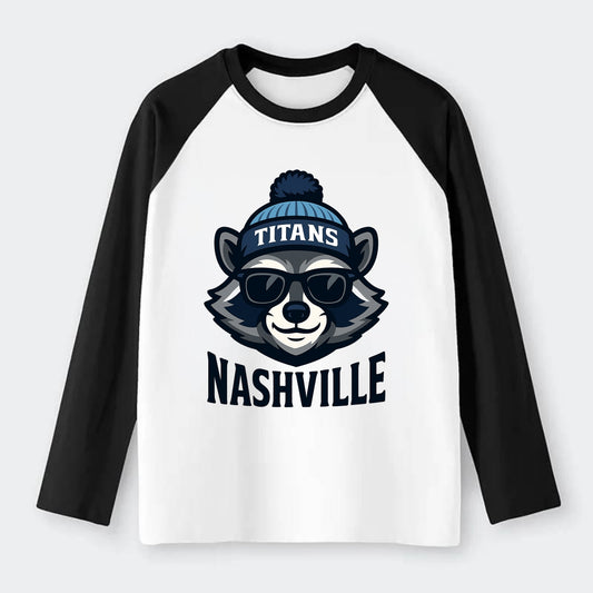 Nashville Raccoon wearing Titans navy and light blue beanie with pom - Raglan Long Sleeve T-Shirt - Black