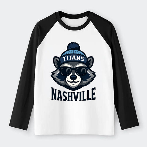 Nashville Raccoon wearing Titans navy and light blue beanie with pom - Raglan Long Sleeve T-Shirt