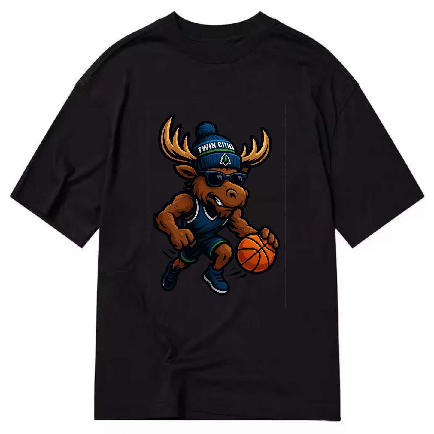 Twin Cities Moose wearing Timberwolves beanie with pine tree patch and wayfarer - Classic T-shirt - Black