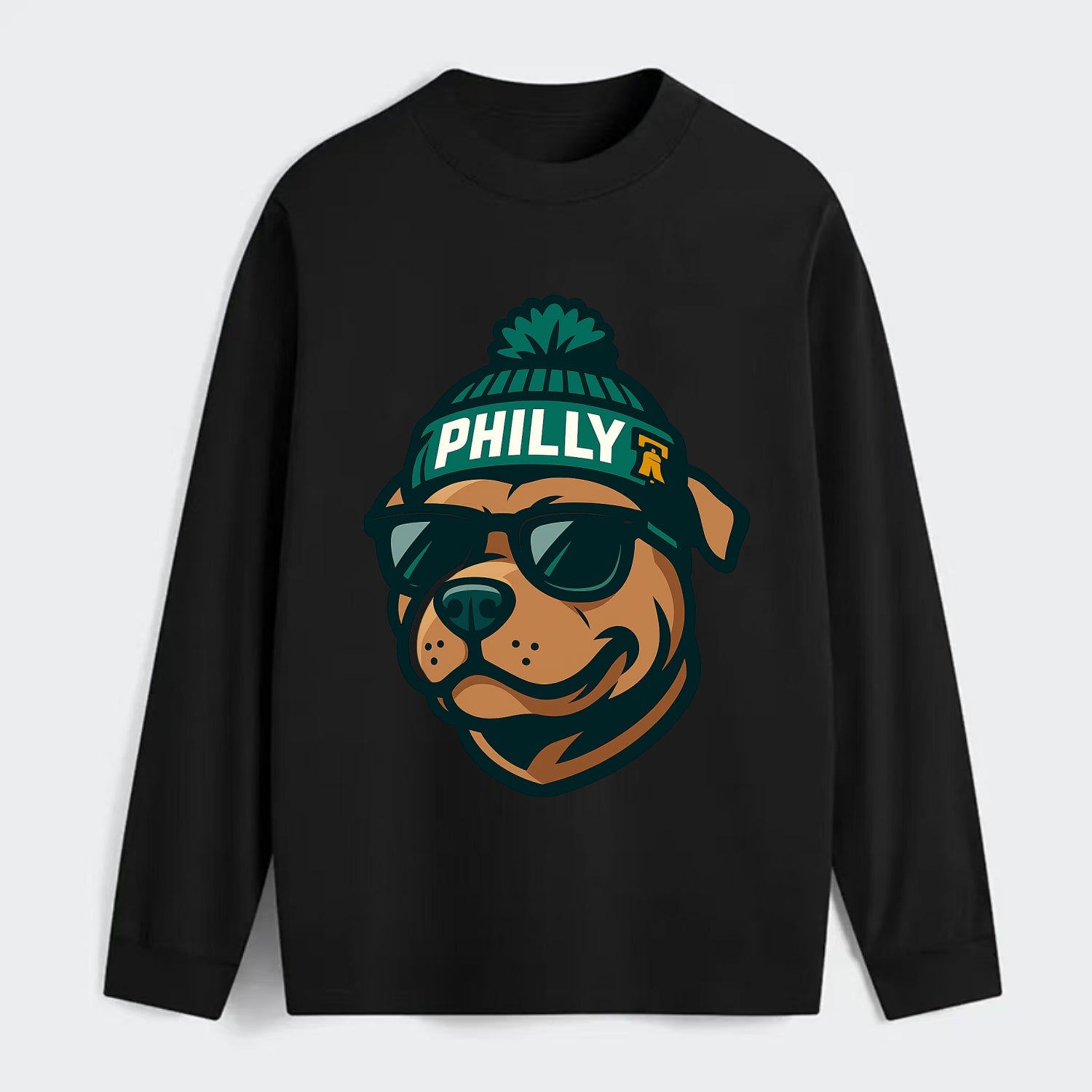 Philly Pitbull wearing Eagles beanie with Liberty Bell patch and - Classic Long Sleeve Shirt - Black