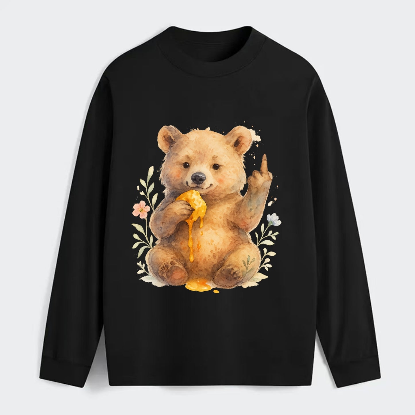 chubby bear cub eating dripping honey, sticky paw up with middle finger - Classic Long Sleeve Shirt - Black