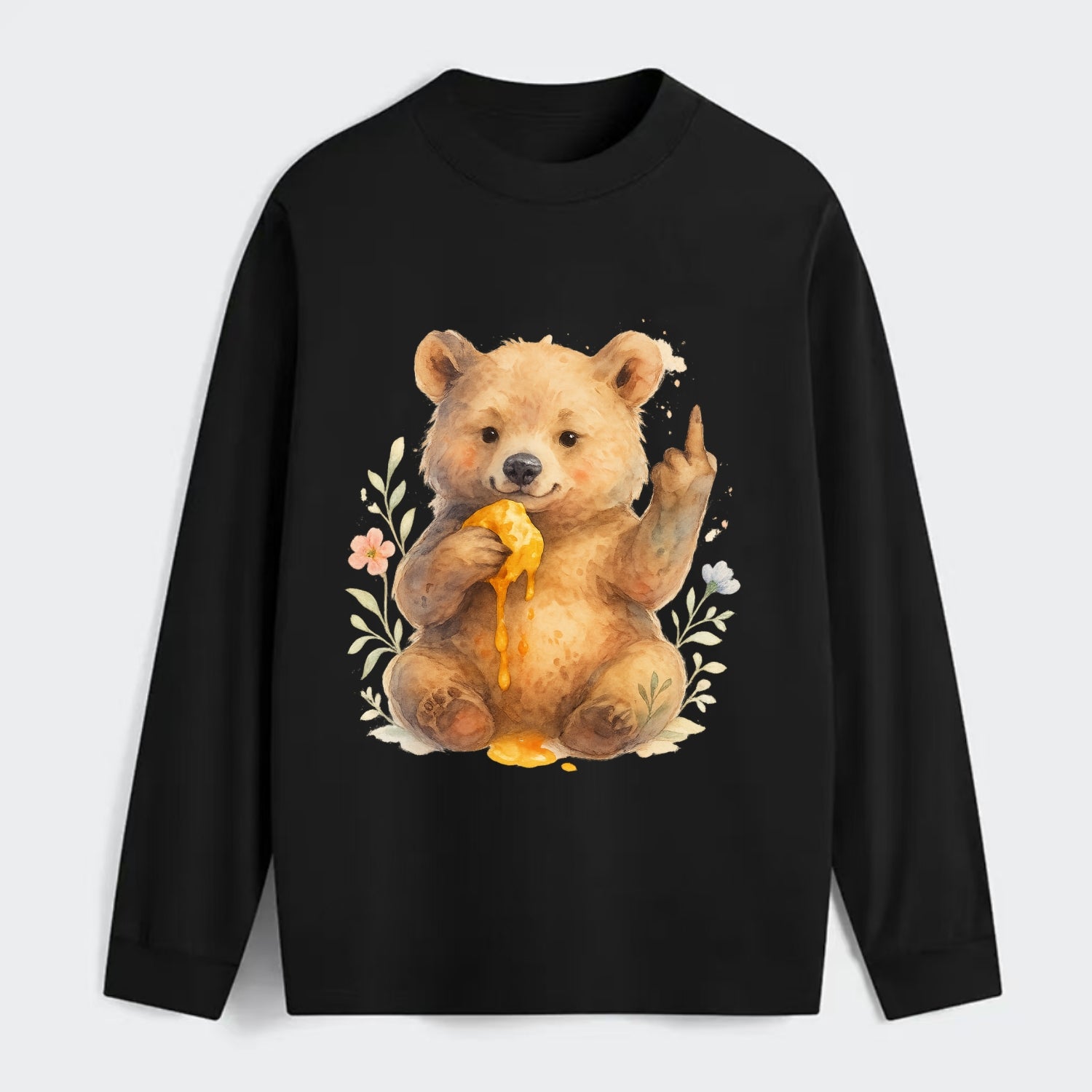 chubby bear cub eating dripping honey, sticky paw up with middle finger - Classic Long Sleeve Shirt - Black