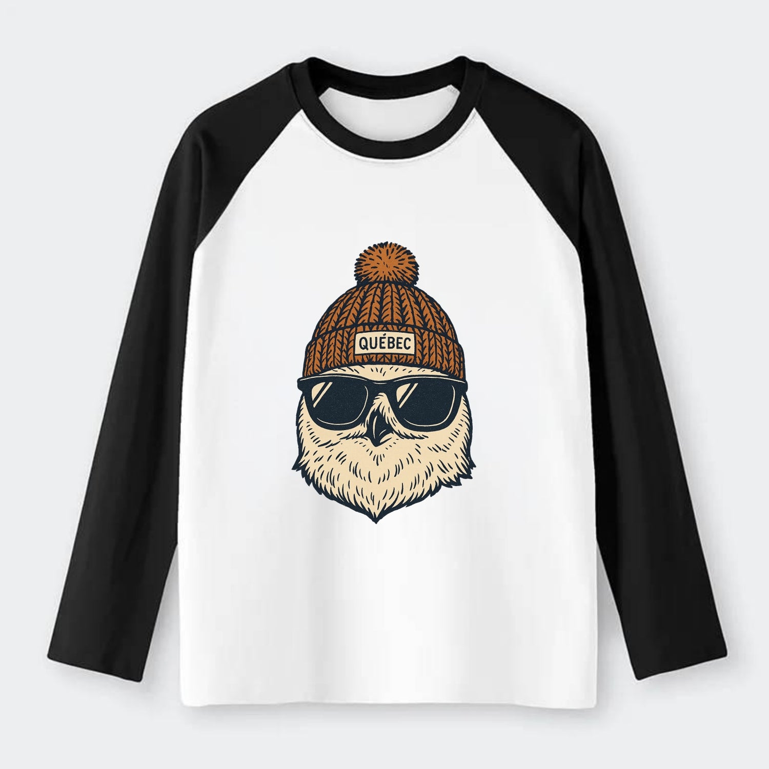 Quebec City Snowy Owl wearing Quebec beanie with pom pom and wayfarer - Raglan Long Sleeve T-Shirt - Black