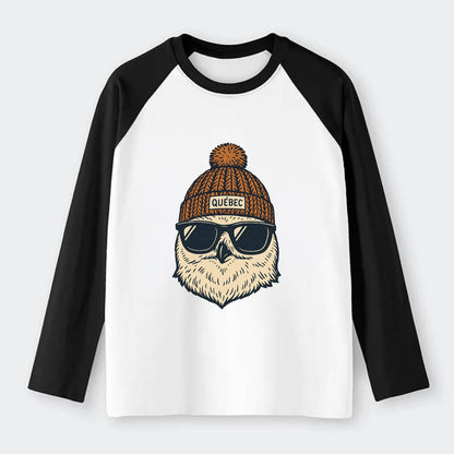 Quebec City Snowy Owl wearing Quebec beanie with pom pom and wayfarer - Raglan Long Sleeve T-Shirt - Black