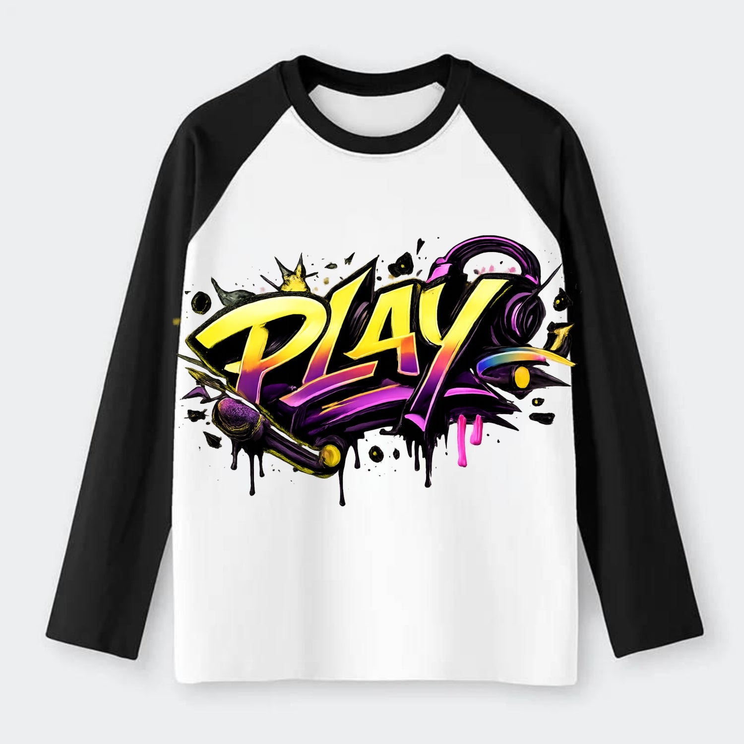 Bold typography design - "PLAY" - creative expression, musical - Raglan Long Sleeve T-Shirt - Black