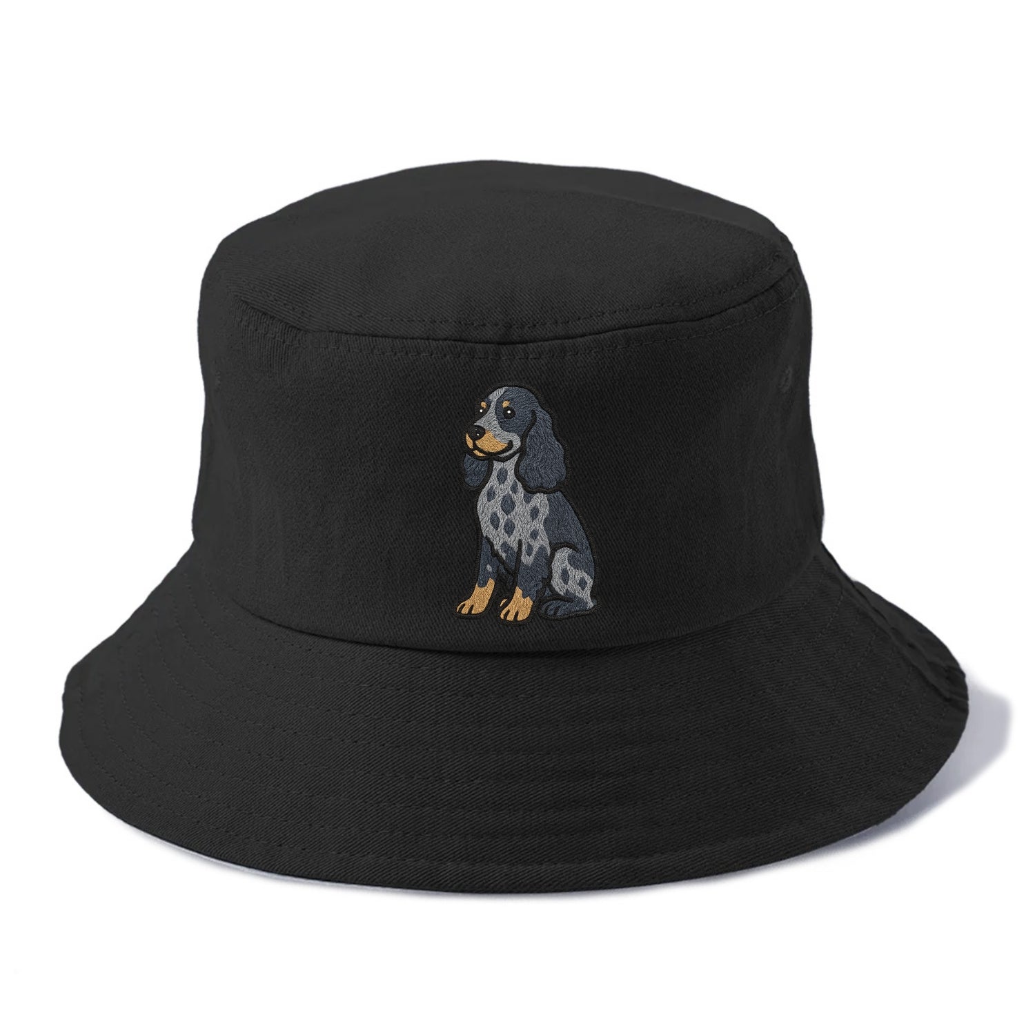 English Cocker Spaniel - Blue roan embroidered sitting pose - Bucket Hat - Black