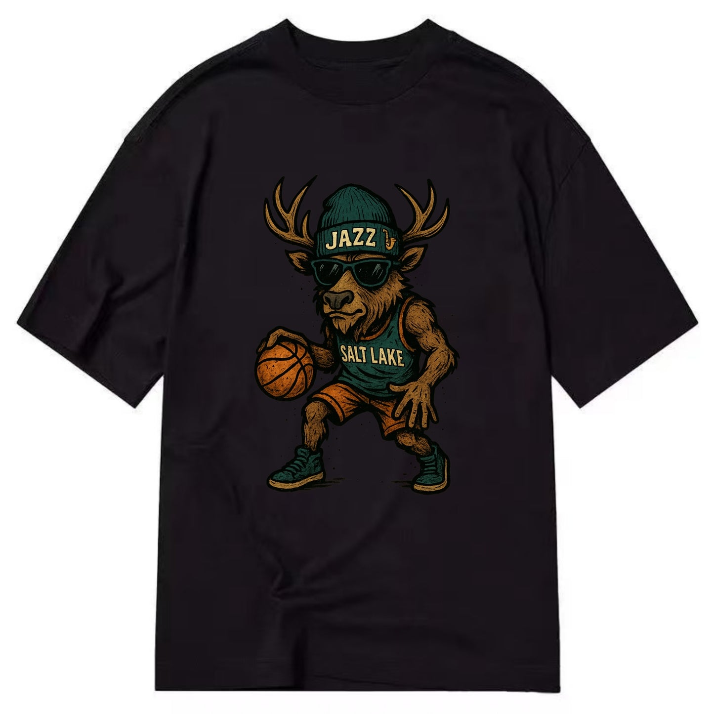 Salt Lake Elk wearing Jazz beanie with saxophone patch and wayfarer sunglasses - Classic T-shirt - Black