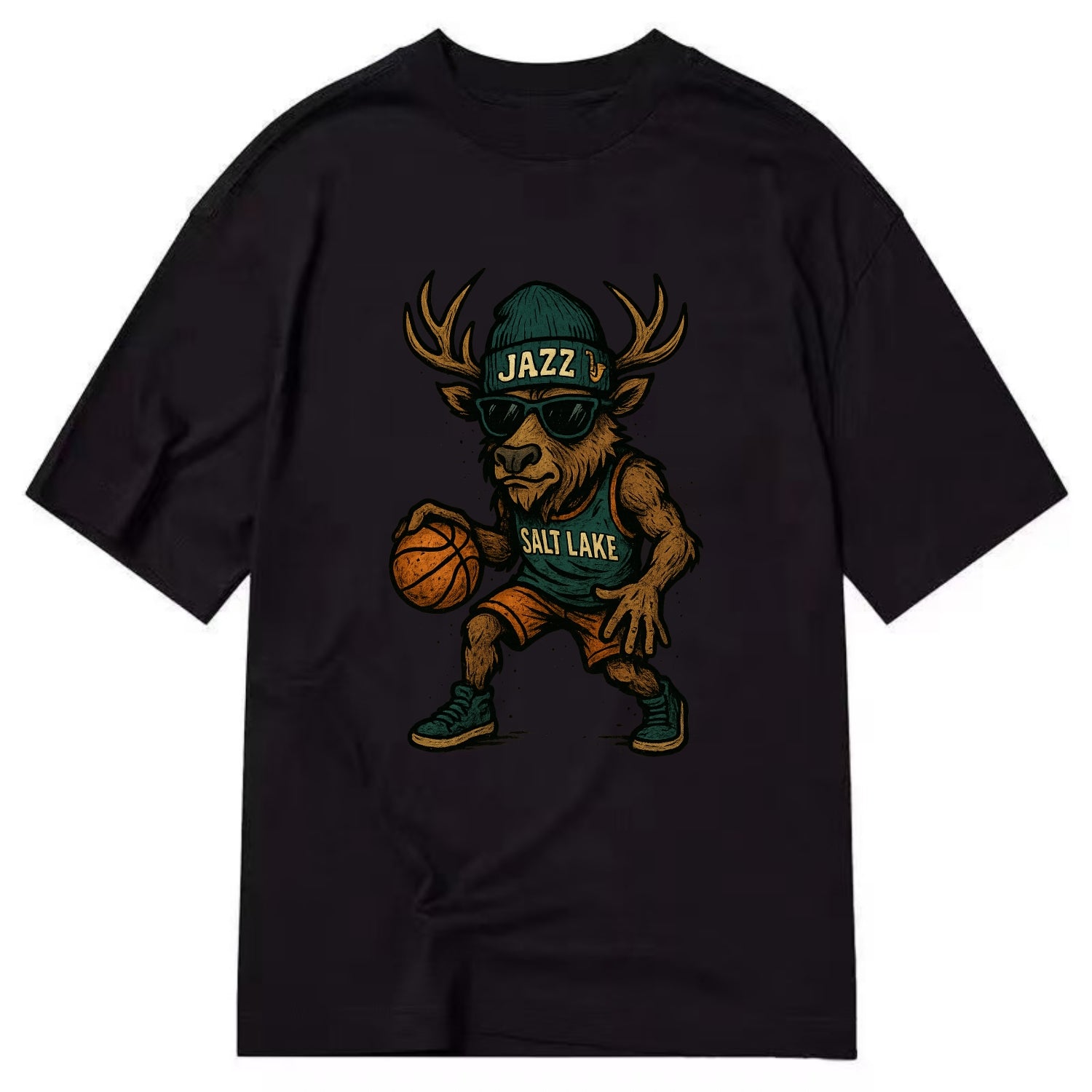 Salt Lake Elk wearing Jazz beanie with saxophone patch and wayfarer sunglasses - Classic T-shirt - Black