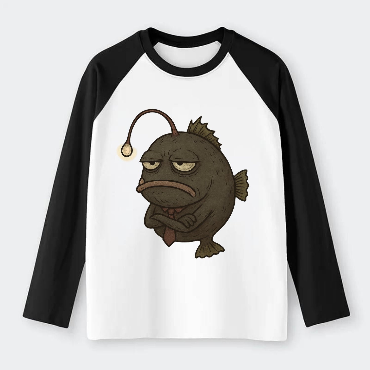 THE ANGLERFISH LURES DISAPPOINTMENT | Dark gray anglerfish with dim - Raglan Long Sleeve T-Shirt - Black