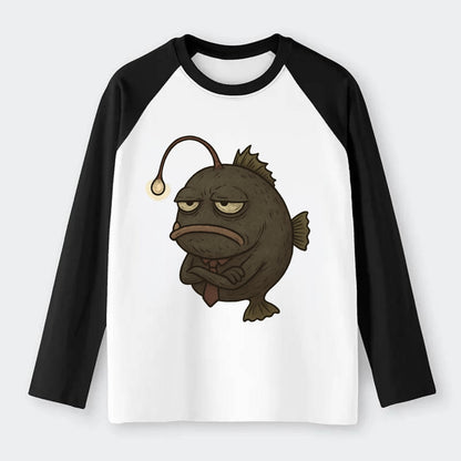 THE ANGLERFISH LURES DISAPPOINTMENT | Dark gray anglerfish with dim - Raglan Long Sleeve T-Shirt - Black