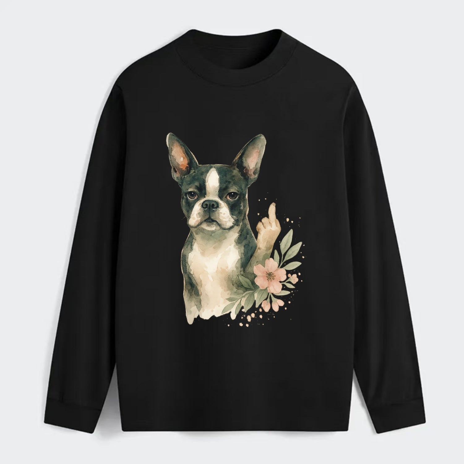 Boston Terrier with tuxedo markings, perky ears, paw up giving sass - Classic Long Sleeve Shirt - Black