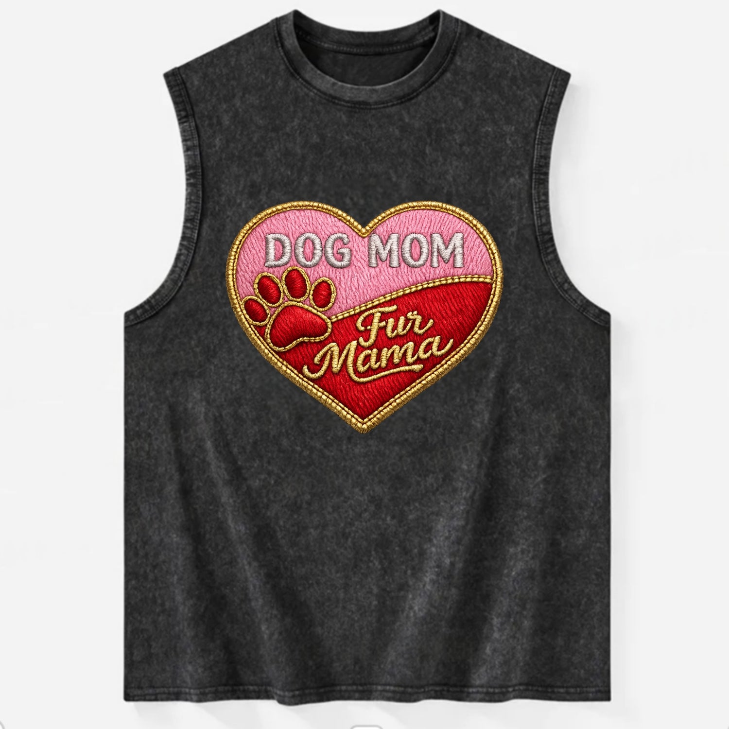 DOG MOM HEART - heart with paw print in pink and red , fur mama - Vintage Washed Tank - Black