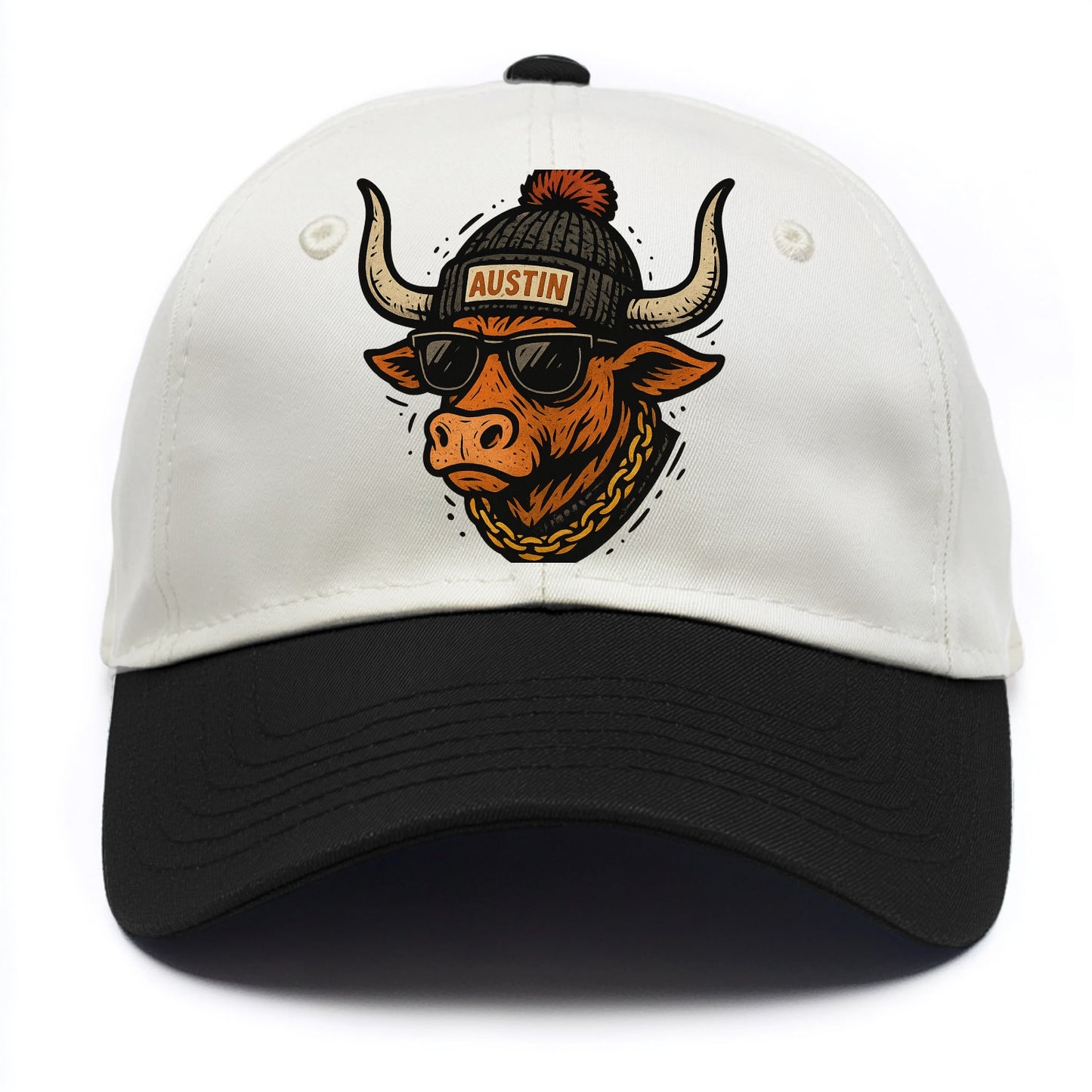 Texas Longhorn wearing Austin beanie with pom pom and wayfarer sunglasses - Two Tone Cap - Black