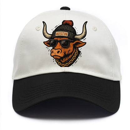Texas Longhorn wearing Austin beanie with pom pom and wayfarer sunglasses - Two Tone Cap - Black