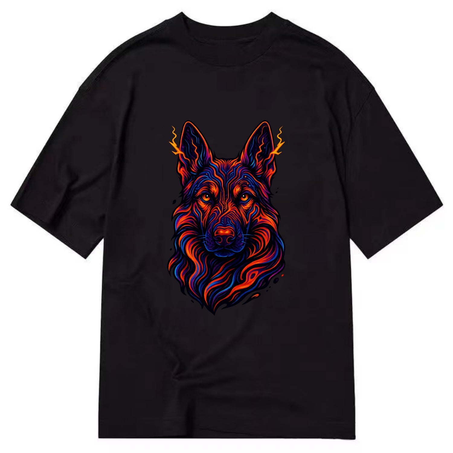Alert German Shepherd with cyber circuit patterns in the fur, neon orange and - Classic T-shirt - Black