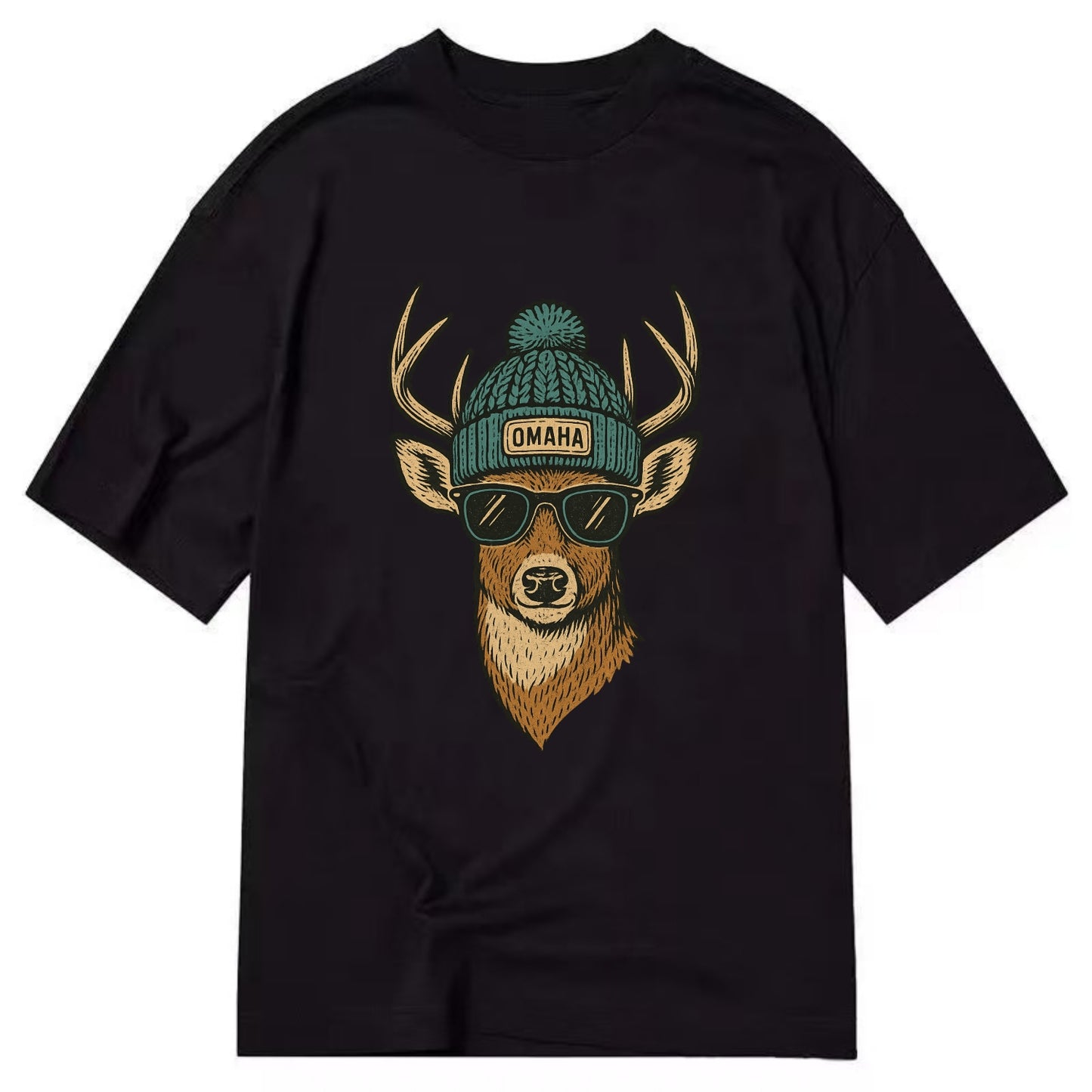 Nebraska White-tailed Deer wearing Omaha beanie with pom pom and wayfarer - Classic T-shirt - Black