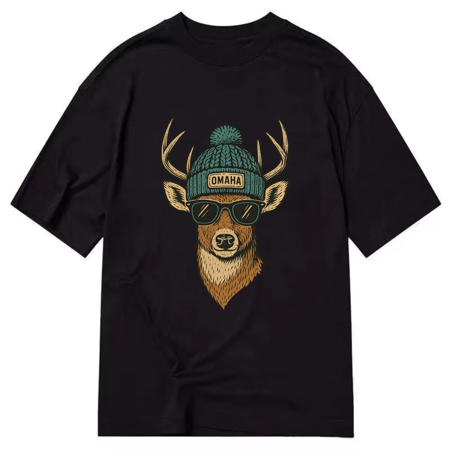 Nebraska White-tailed Deer wearing Omaha beanie with pom pom and wayfarer - Classic T-shirt - Black