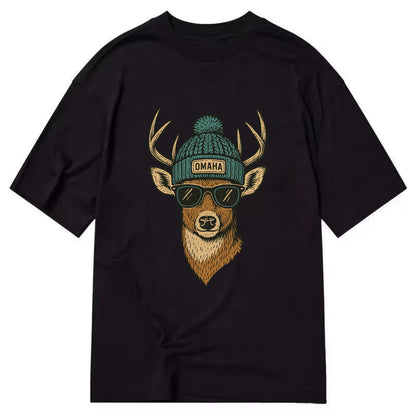 Nebraska White-tailed Deer wearing Omaha beanie with pom pom and wayfarer - Classic T-shirt - Black