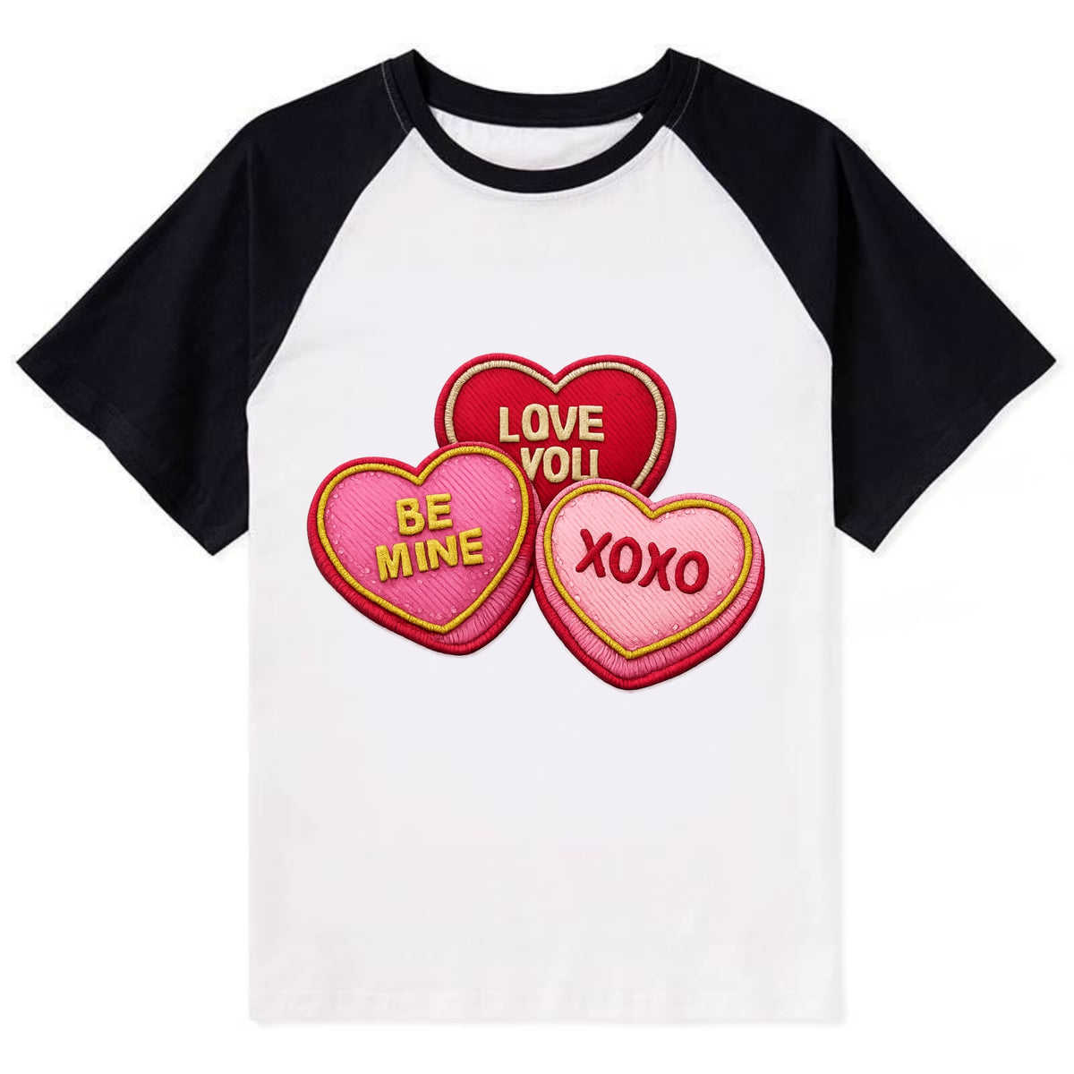VALENTINES HEARTS - candy hearts in pink and red , love day - Contrast Raglan T-shirt - Black