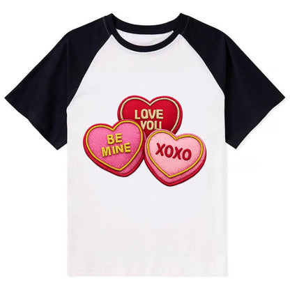 VALENTINES HEARTS - candy hearts in pink and red , love day - Contrast Raglan T-shirt - Black