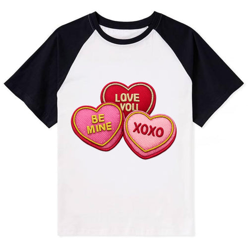 VALENTINES HEARTS - candy hearts in pink and red , love day - Contrast Raglan T-shirt