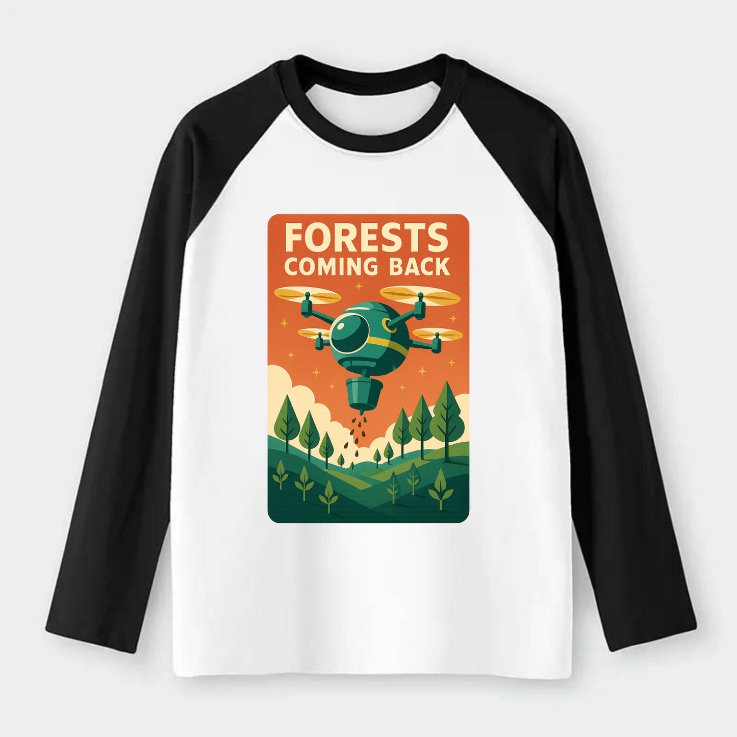 Reforestation drone planting millions of trees - "Forests Coming Back" - Raglan Long Sleeve T-Shirt - Black
