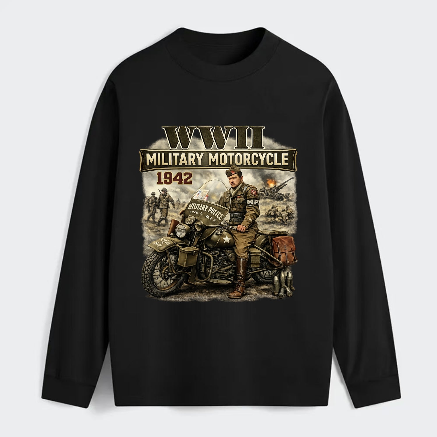 Wwii Military Motorcycle 1942 - Classic Long Sleeve Shirt - Black