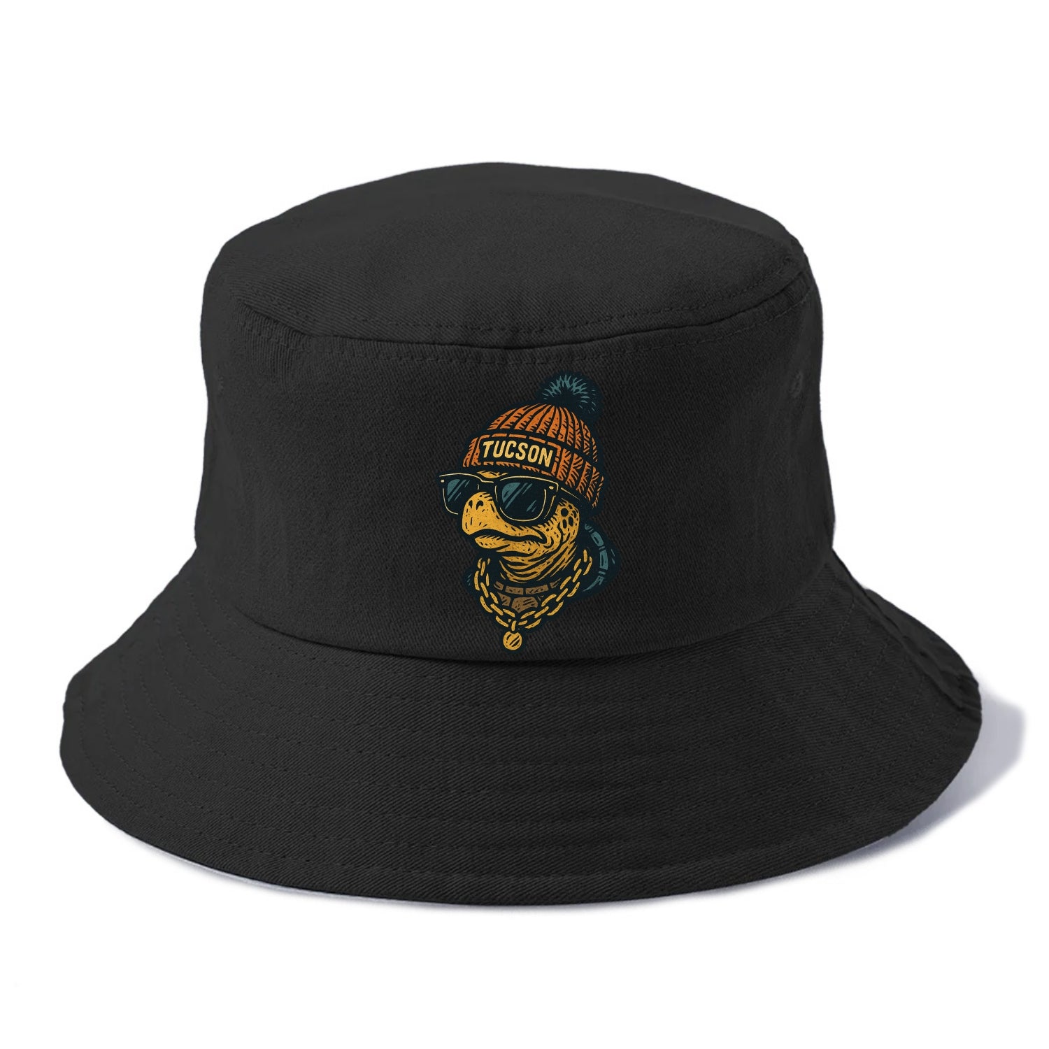 Tucson Desert Tortoise wearing Tucson beanie with pom pom and wayfarer sunglasses - Bucket Hat - Black