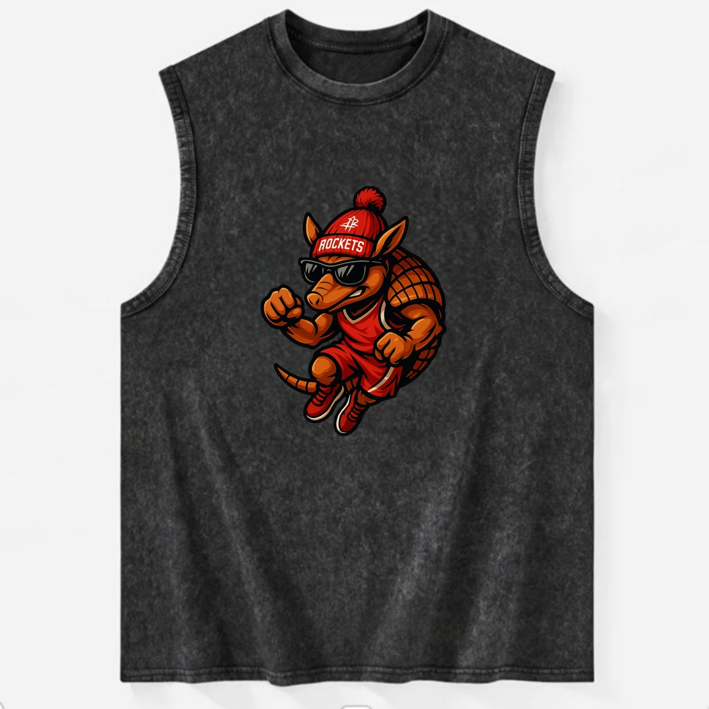 Houston Armadillo wearing Rockets red and silver beanie with rocket ship and - Vintage Washed Tank - Black