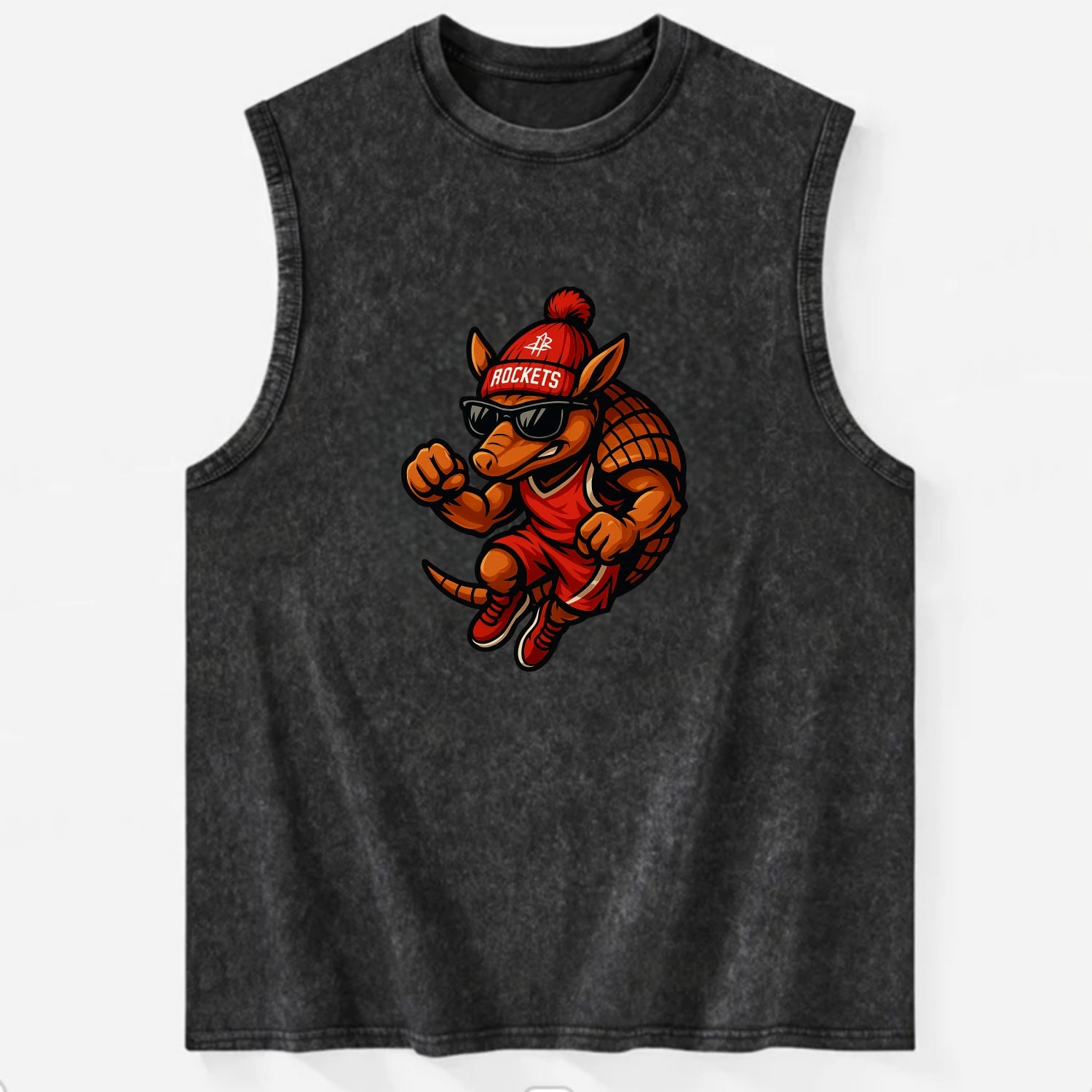 Houston Armadillo wearing Rockets red and silver beanie with rocket ship and - Vintage Washed Tank - Black