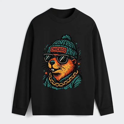 Illinois Prairie Dog wearing Chicago beanie with pom pom and wayfarer - Classic Long Sleeve Shirt - Black