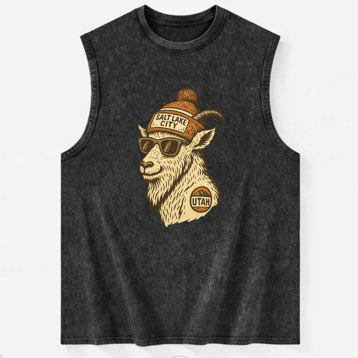 Utah Mountain Goat wearing Salt Lake City beanie with pom pom and wayfarer - Vintage Washed Tank - Black