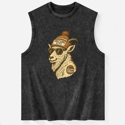 Utah Mountain Goat wearing Salt Lake City beanie with pom pom and wayfarer - Vintage Washed Tank - Black